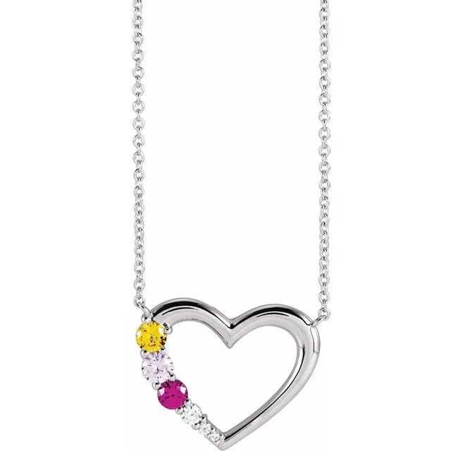 Genuine Diamond Accented Mother's Heart Family Birthstone Necklace