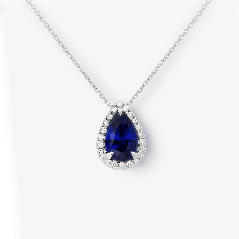 3.02CT Pear Shaped Sapphire & Diamond Halo Necklace