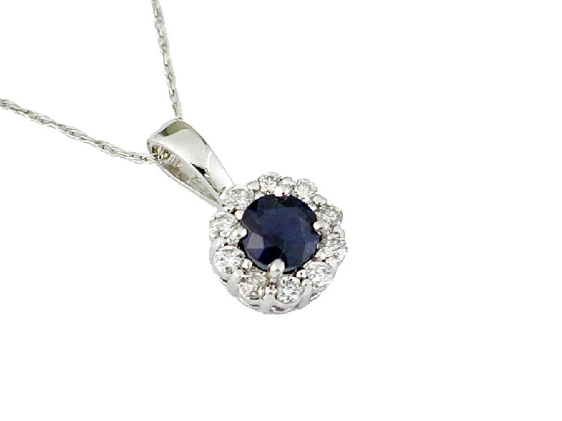 14K White Gold Round Sapphire with Round Diamond Halo Pendant Necklace