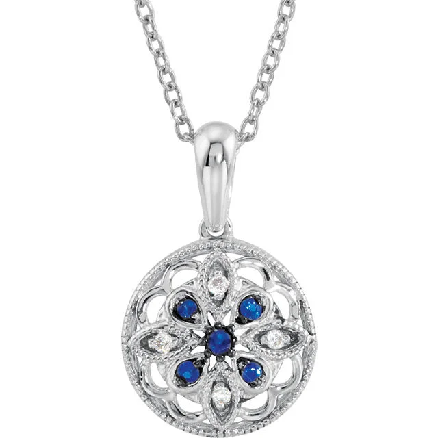 Sterling Silver Blue Sapphire & Diamond Granulated Filigree Necklace