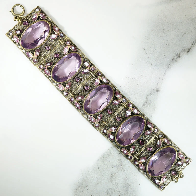 Purple Glass & Brass Bracelet with Enameled Flowers