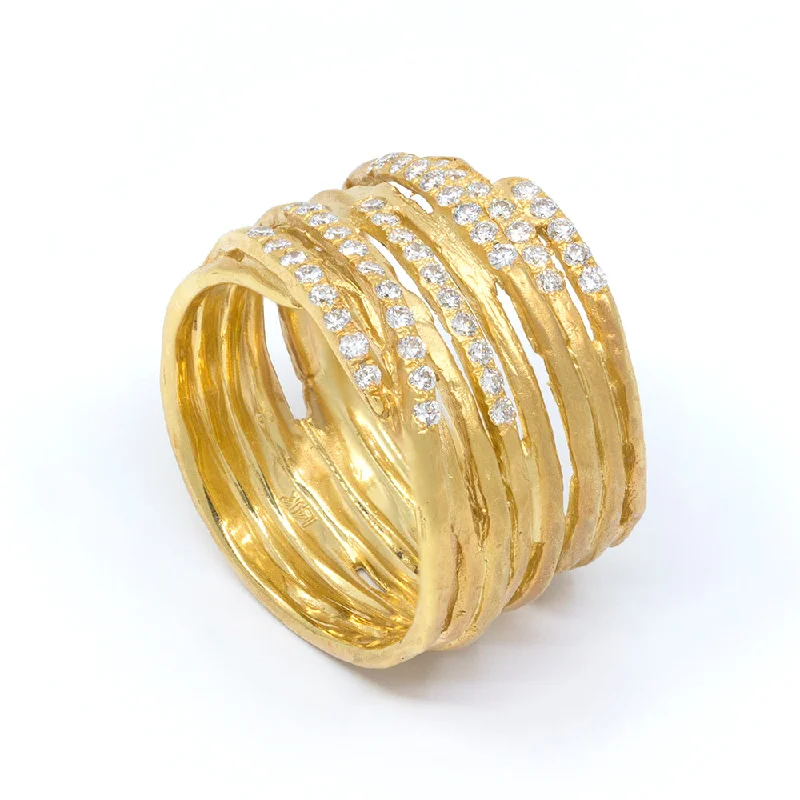 Textured Gold Overlap Multi Band Ring with Diamonds