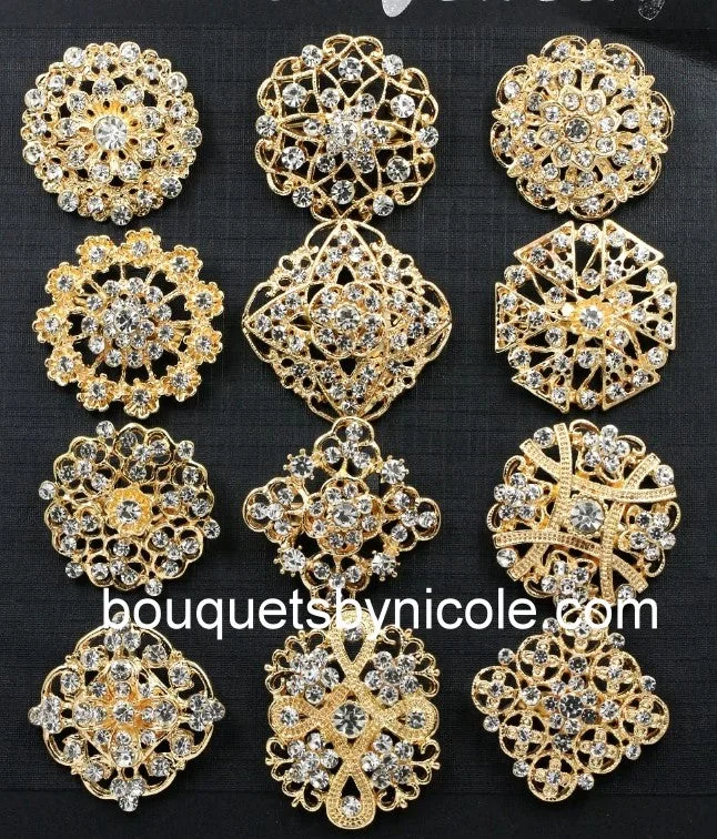 12pcs. Gold Rhinestone Brooches Lots BR-059