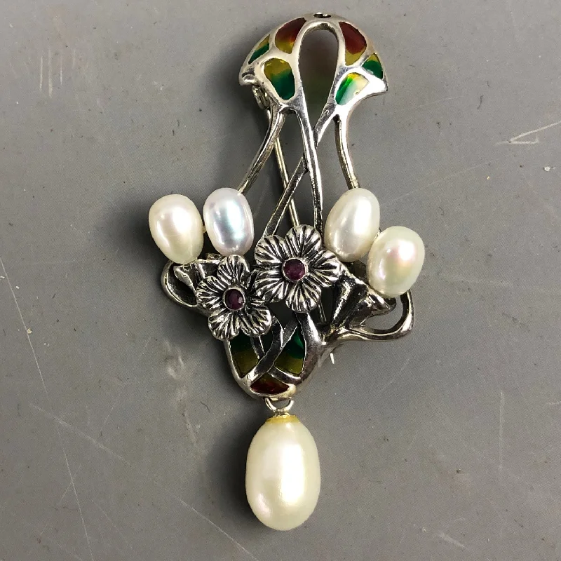 Freshwater Pearl Flower Sterling Silver Ruby Brooch Pin Vintage English