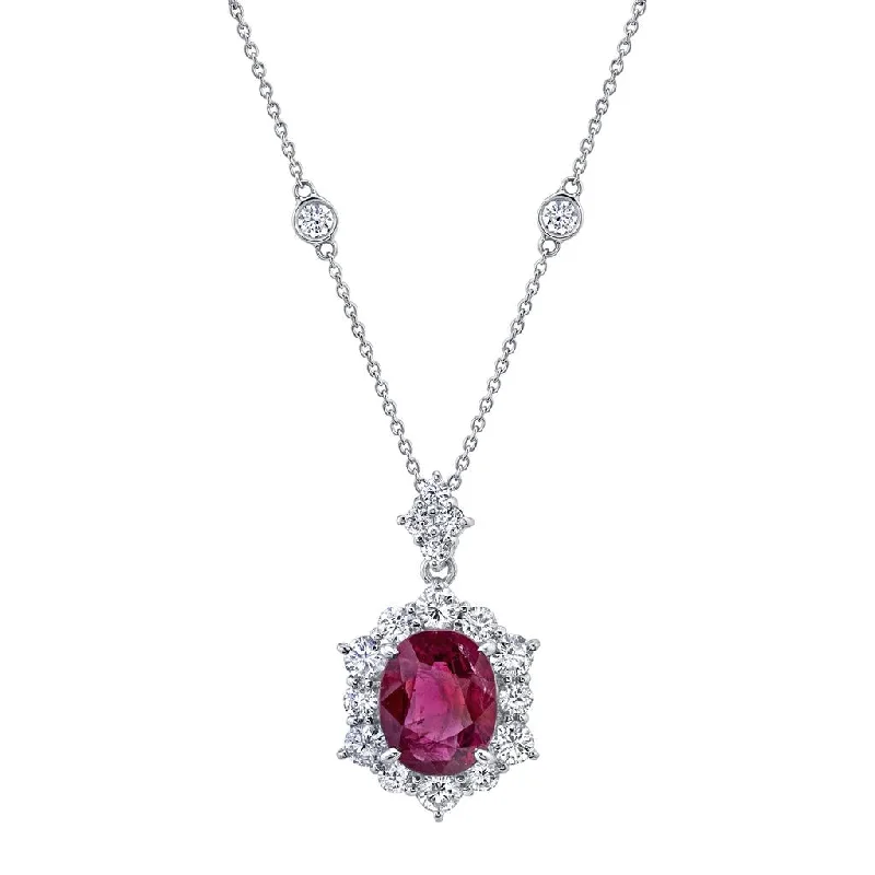 Platinum 4.20ct Ruby and Diamond Halo Necklace