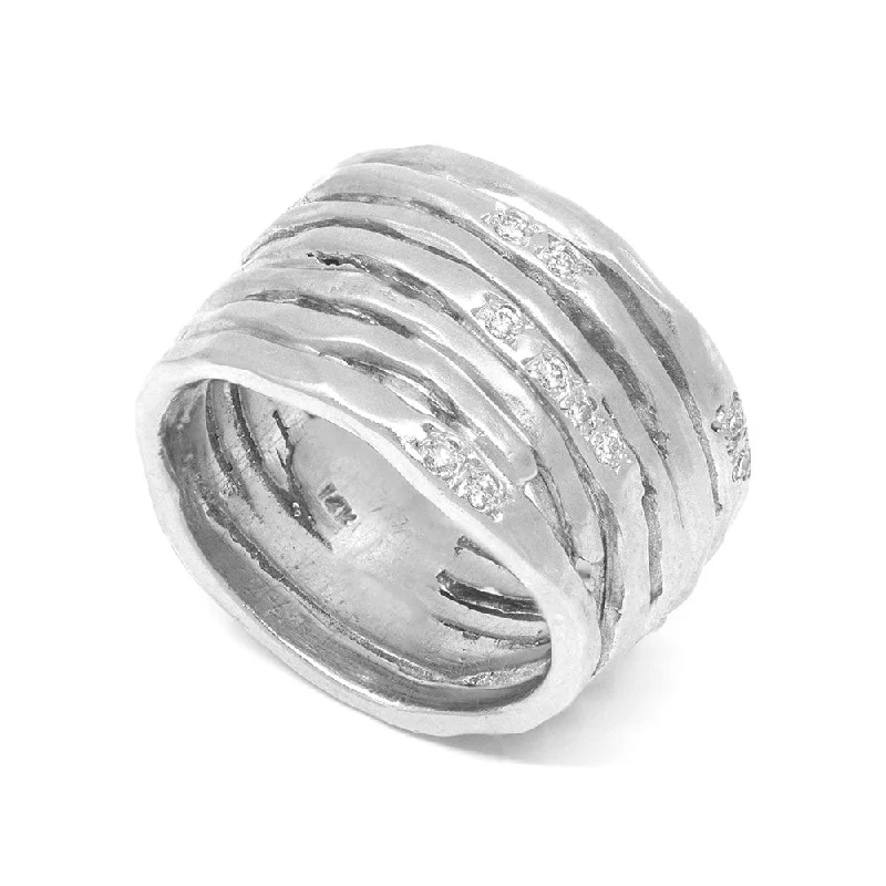 Textured White Gold Multi Band Ring with Diamonds