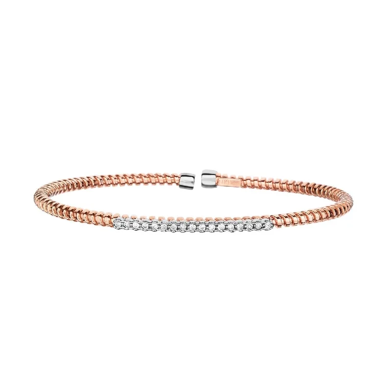 14Kt Rose+White Gold 3mm Shiny 0.17Ct 1 Pointer Faceted Round Diamond Bar Element On Wire Textured Fancy Flexable Cuff Type Bangle PN3794