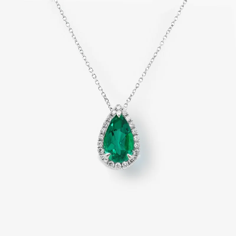 2.16CT Pear Shaped Emerald & Diamond Halo Necklace