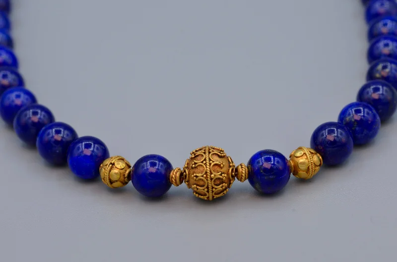 16" Lapis Lazuli bead necklace with 18K handmade gold beads