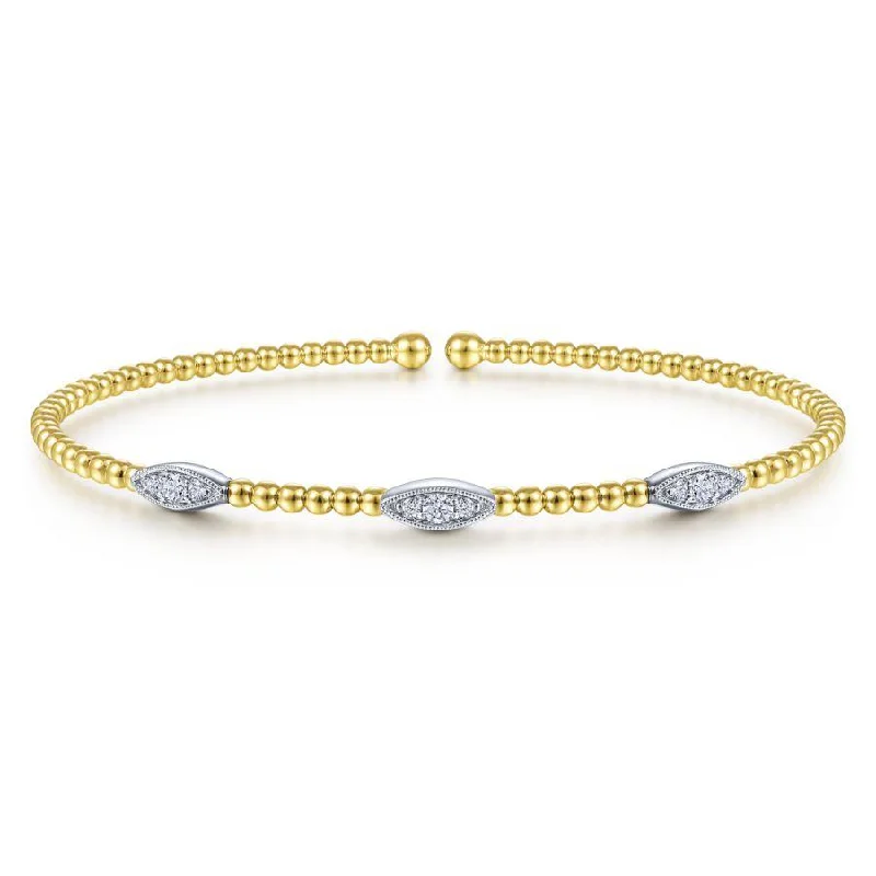 Gabriel & Co. - BG4437-62M45JJ - 14K White-Yellow Gold Bujukan Bead Cuff Bracelet with Diamond Filled Marquise Stations