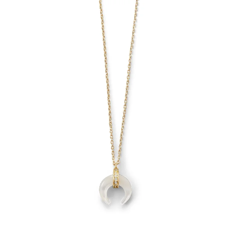 Crescent Moon Mother of Pearl with CZ Gold Plated Sterling Silver Necklace