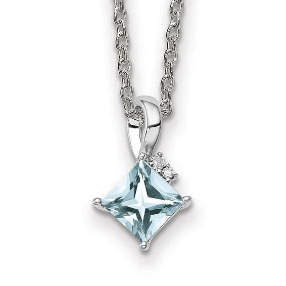 Sterling Silver Princess Square Gemstone & Diamond Pendant Necklaces