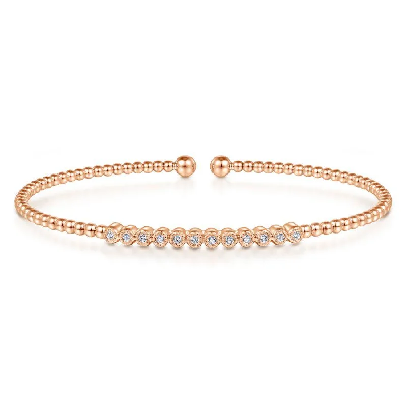 Gabriel & Co. - BG4118-62K45JJ - 14K Rose Gold Bujukan Bead Cuff Bracelet with Bezel Set Diamond Stations