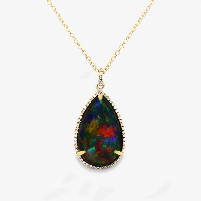 9.26CT Pear Shaped Black Opal Halo Necklace