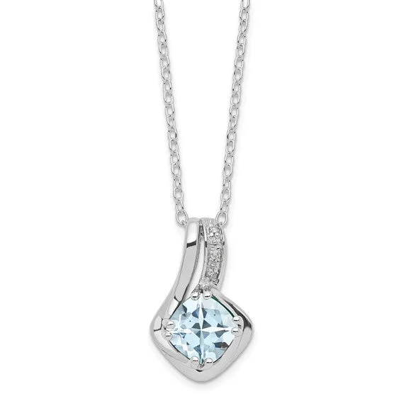 Sterling Silver Cushion Checkerboard Aquamarine and Diamond Necklace