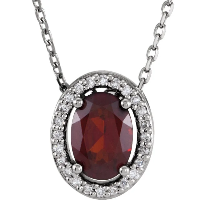 14K White Gold Oval Mozambique Garnet & .05 CTW Diamond Halo 16" Necklace