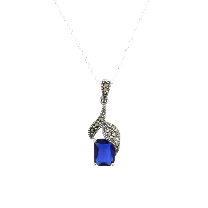 Silver Marcasite Art Deco Pendant Necklace Blue Sapphire Crystal Vintage Wedding Bridal Bridesmaid