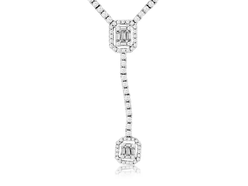 14K White Gold Round and Emerald Cut Diamonds Dangle Necklace