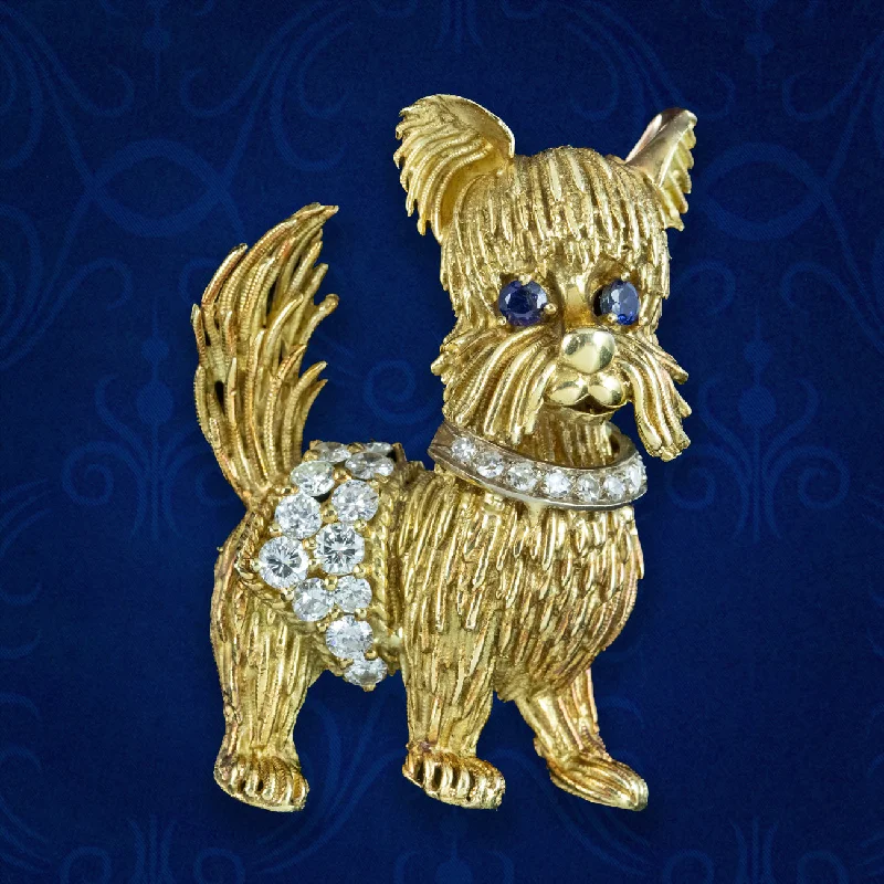 Vintage Diamond Sapphire Dog Brooch 18ct Gold Dated 1964