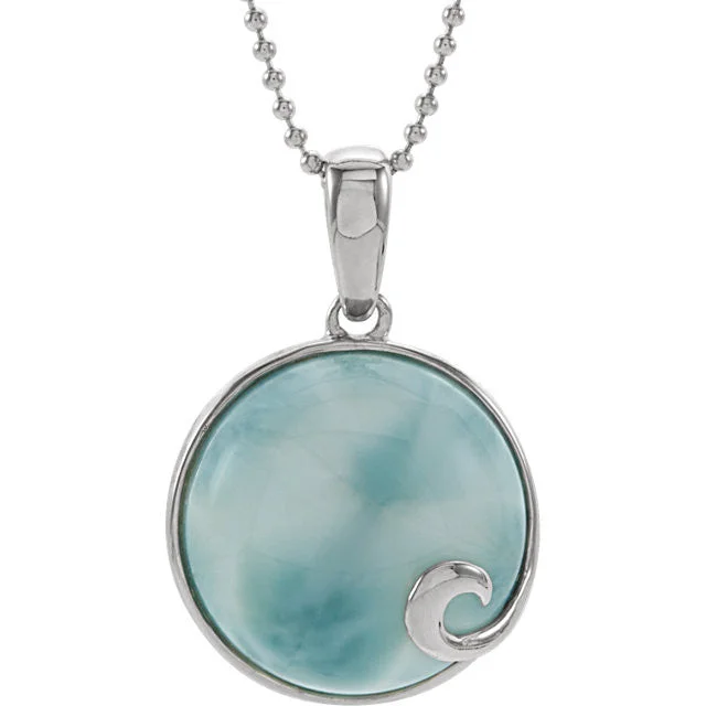 Sterling Silver Round Larimar Cabochon Wave 18" Necklace