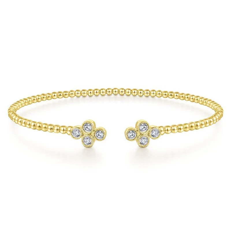 Gabriel & Co. - BG4124-62Y45JJ - 14K Yellow Gold Bujukan Bead Split Cuff Bracelet with Quatrefoil Diamond Endcaps