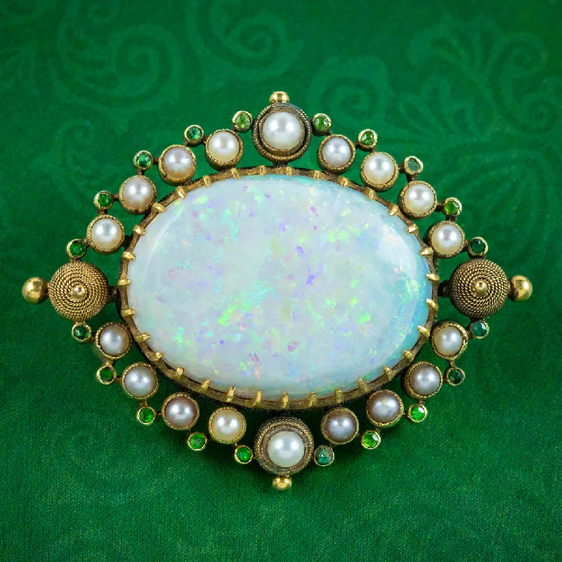 Antique Victorian Opal Garnet Pearl Brooch 15ct Gold 25ct Opal