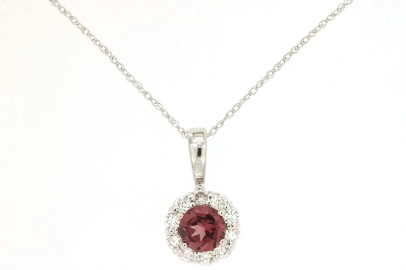 14K White Gold Round Garnet with a Diamond Halo Pendant Necklace