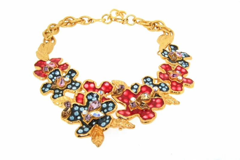 Vintage Christian Lacroix Statement Floral Necklace Enamel Crystal