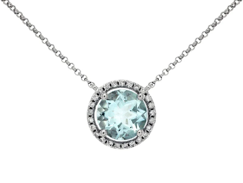 14k White Gold Aquamarine and Diamond Halo Necklace