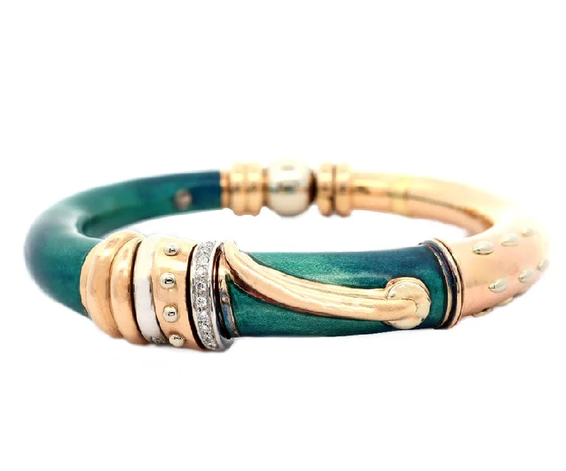 La Nouvelle Bague Diamond and Teal Enamel Bangle Bracelet in 18K