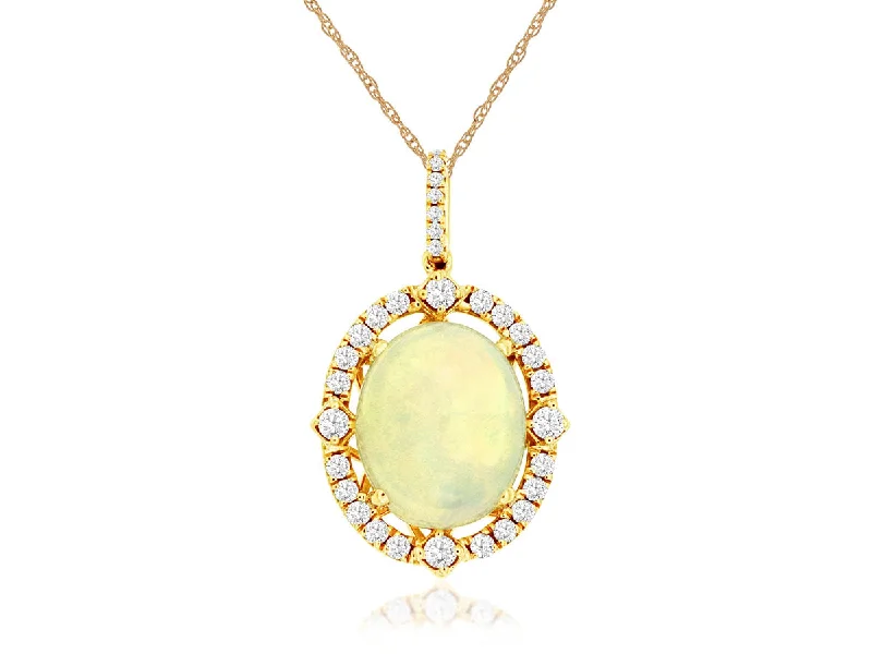 14K Yellow Gold Oval Opal Diamond Halo Pendant Necklace