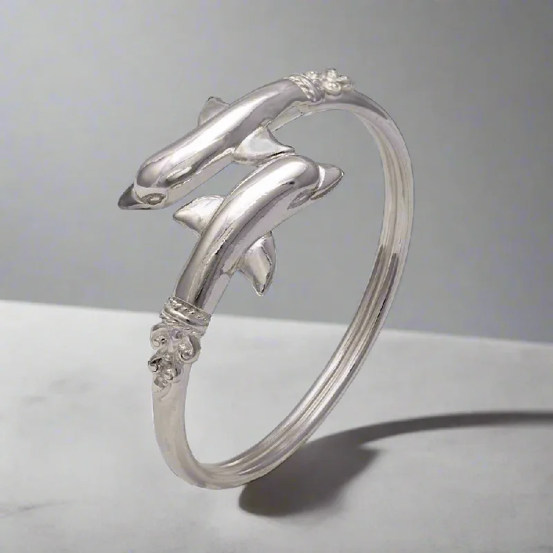 Two Headed Minoan Dolphins Torc Bangle in Sterling Silver (B-80)