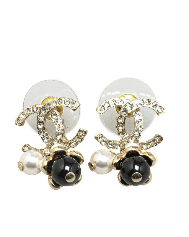 Gold Plated Rhinestone and Pearl Drop Earrings