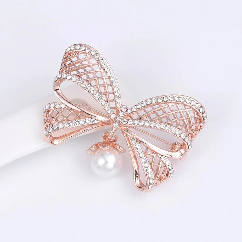 HP-0033 Crystal Rhinestone Pearl Bow Brooch Brooches Rose Gold