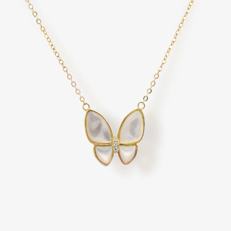 White MOP & Diamond Butterfly Necklace