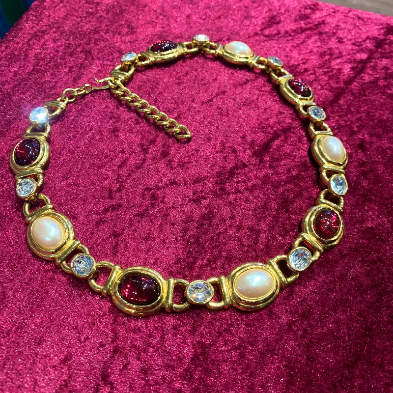 Pearl and ruby glass vintage necklace by Monet