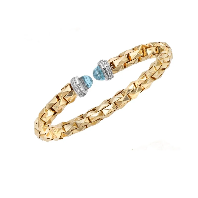 14K Yellow Gold .30CT Diamond & Blue Topaz Pyramid Cuff Bangle TBG8225