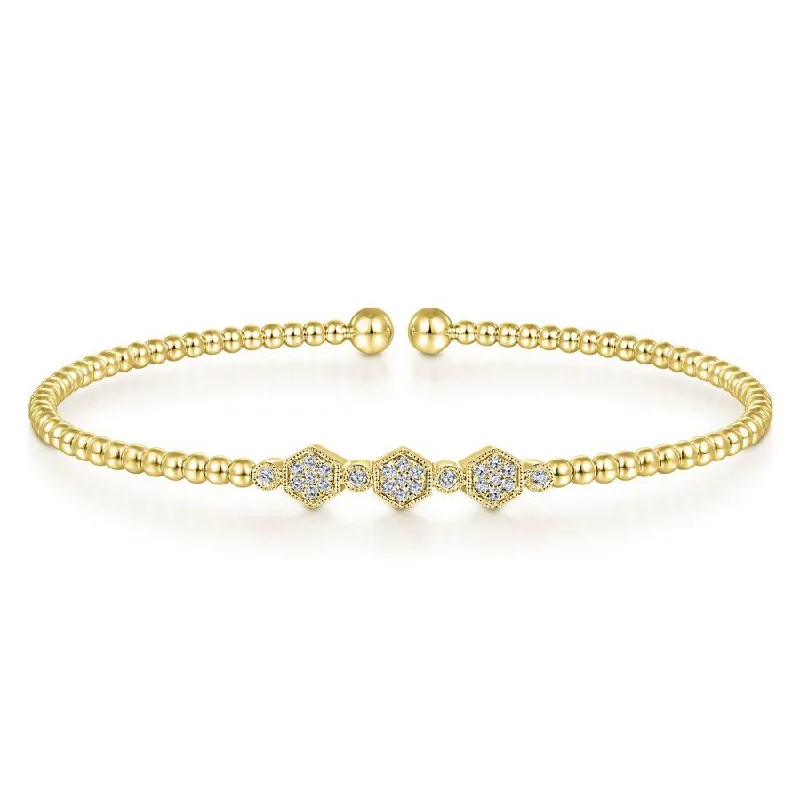 Gabriel & Co. - BG4117-62Y45JJ - 14K Yellow Gold Bujukan Bead Cuff Bracelet with Cluster Diamond Hexagon Stations