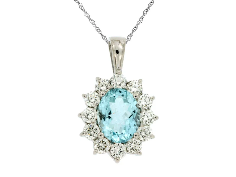 14K White Gold Oval Aquamarine Halo Pendant Necklace