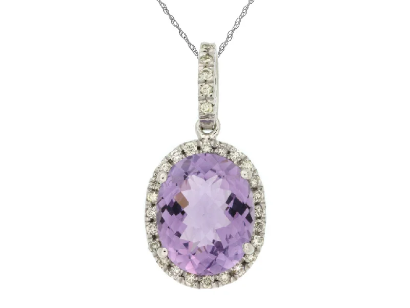 14K White Gold Oval Amethyst Diamond Halo Pendant Necklace