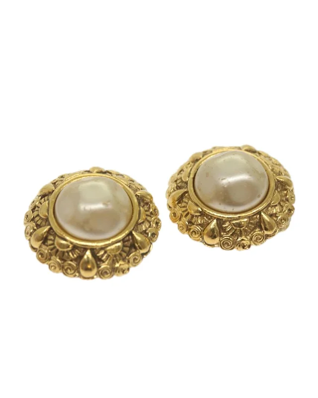 Gold Tone Pearl CC Earring by French Luxury Designer