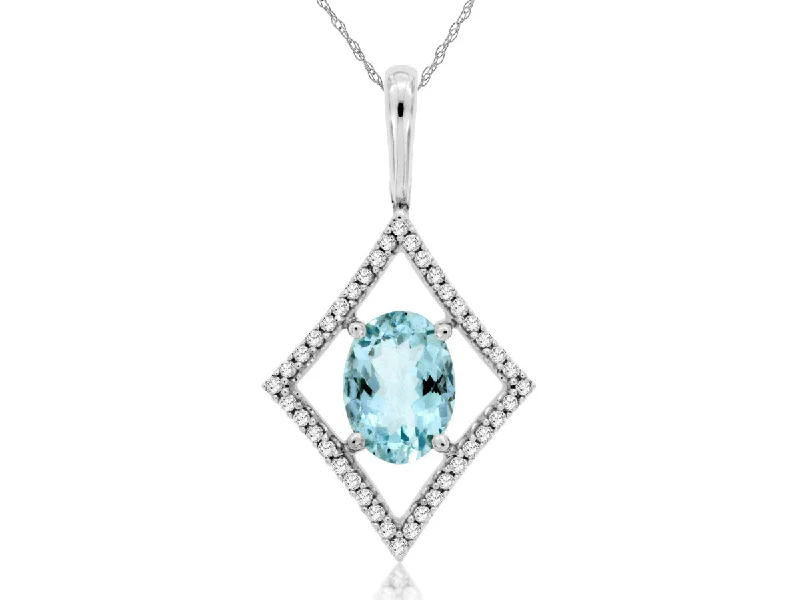 14K White Gold Oval Aquamarine with Diamond Frame Pendant Necklace