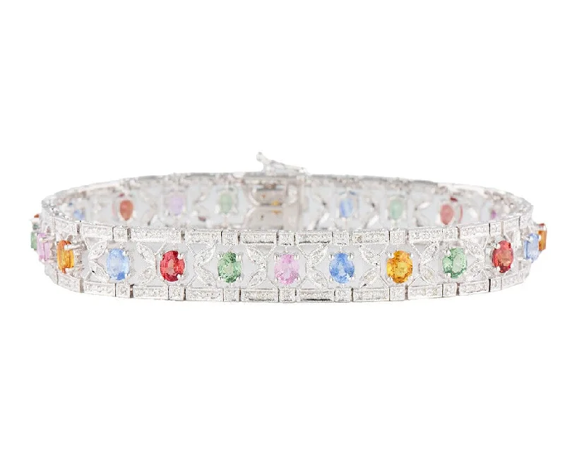 12.0ctw Multi-Colored Sapphire and 1.15ctw Diamond Fancy Link Bracelet in 18K