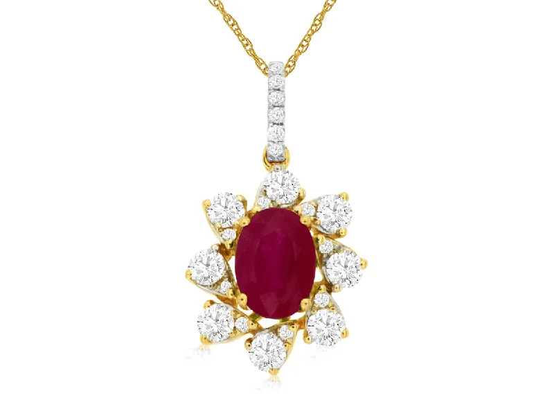 14K Yellow Gold Oval Ruby Flower Diamond Halo Pendant Necklace