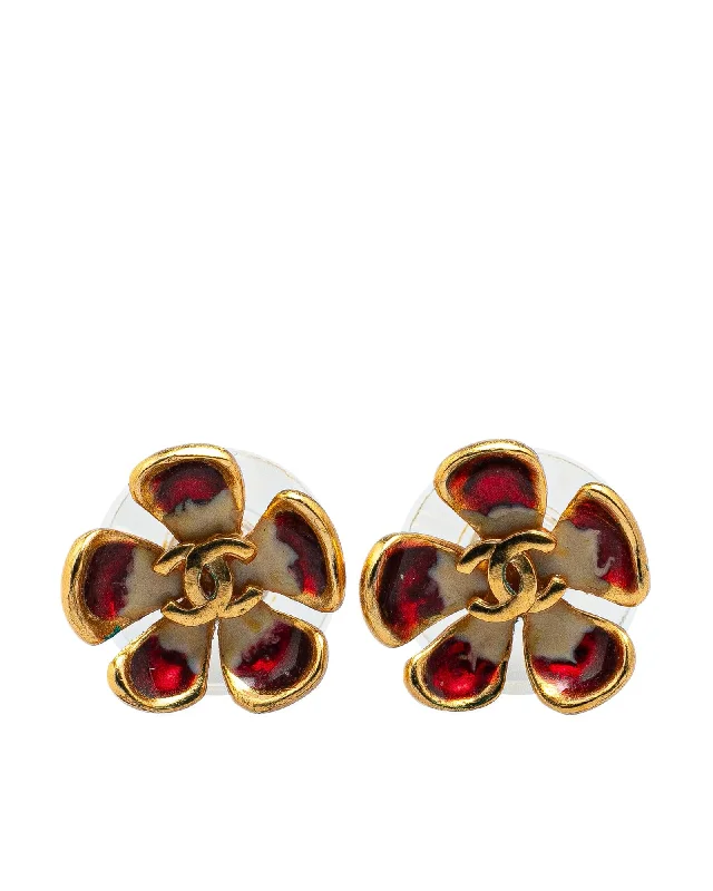 Gold Plated Enamel Flower Push Back Earrings