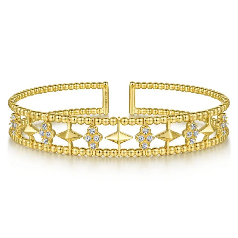 Gabriel & Co. - BG4615-62Y45JJ - 14K Yellow Gold Bujukan Bead Cuff Bracelet with Inner Diamond Cluster and Gold Pyramid Connectors.