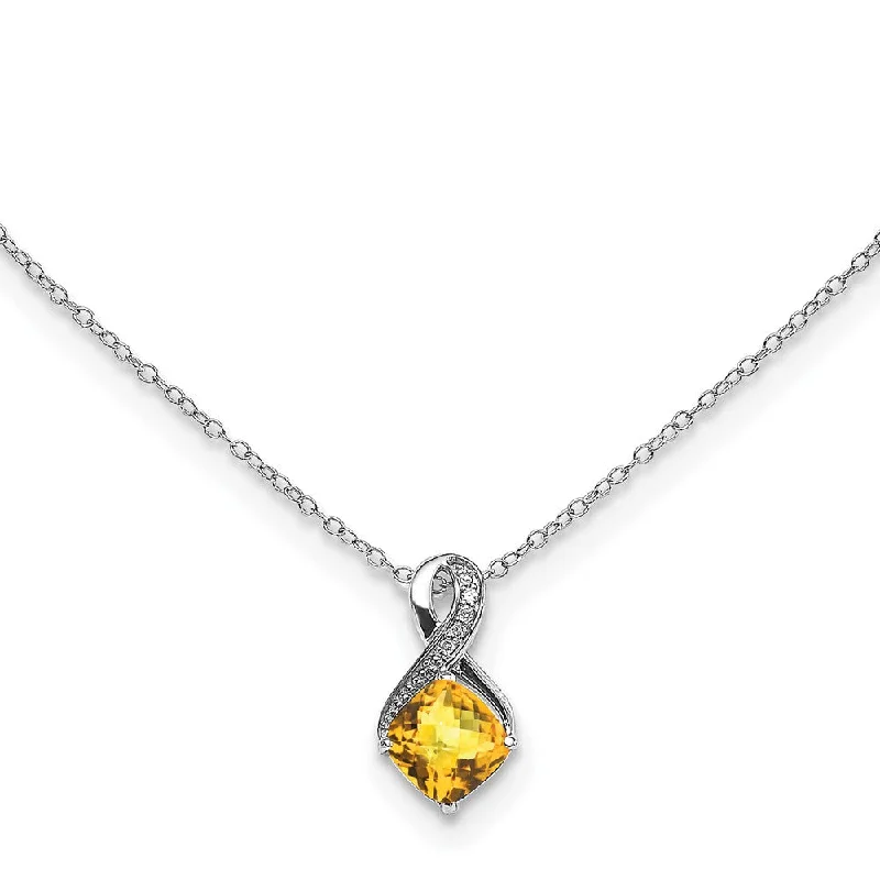 Sterling Silver Cushion Cut Citrine & Diamond Pendant 18" Necklace