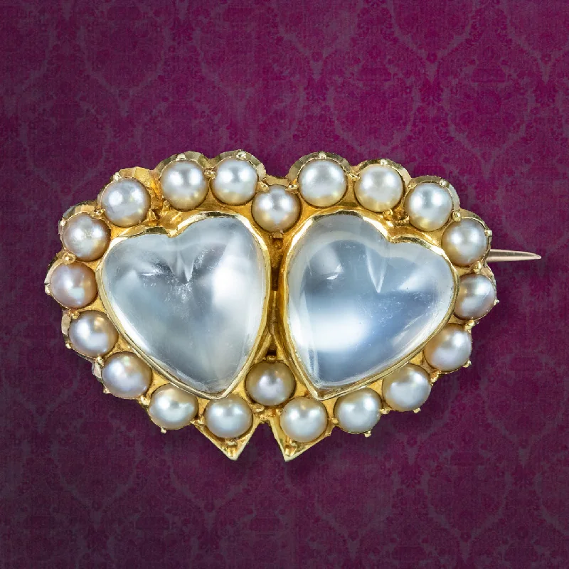 Antique Victorian Moonstone Pearl Heart Brooch 18ct Gold