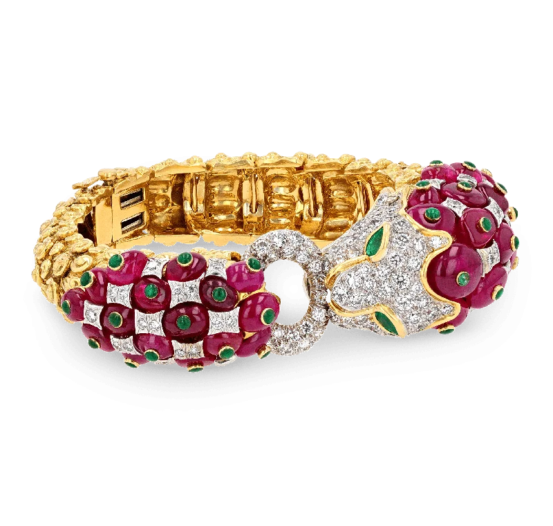 David Webb Ruby, Emerald and Diamond Lion Bracelet