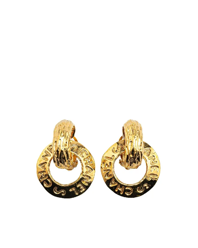 Gold Plated Logo Hoop Drop Clip On Earrings